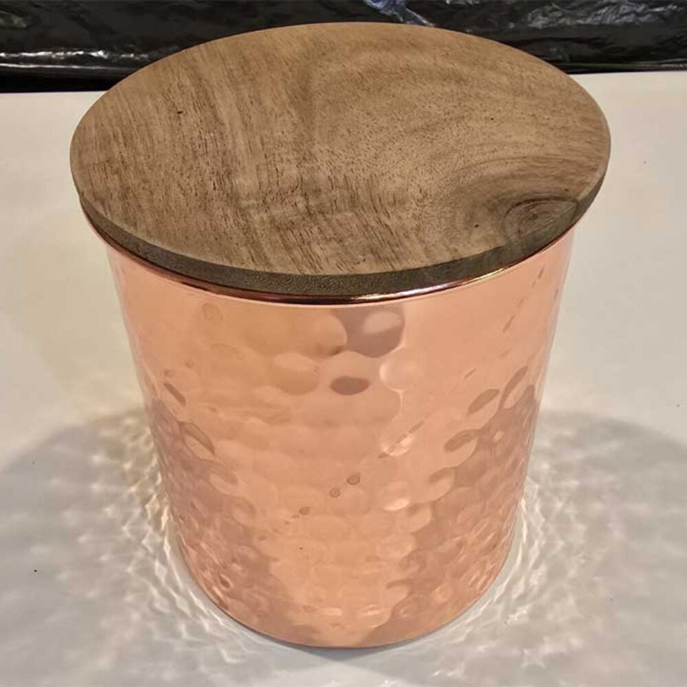 Uncommon James hammered copper canister with wood lids